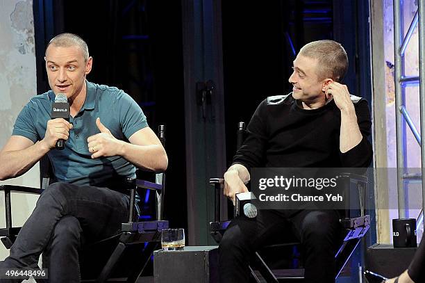 James McAvoy and Daniel Radcliffe attend AOL BUILD Speaker Series: "Victor Frankenstein" at AOL Studios In New York on November 9, 2015 in New York...