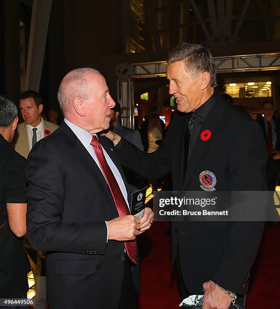 Larry Tanenbaum and Borje Salming walk the red carpet prior to the 2015 Hockey Hall of Fame Induction Ceremony at Brookfield Place on November 9,...