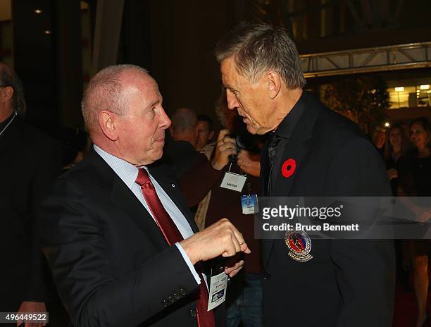 Larry Tanenbaum and Borje Salming walk the red carpet prior to the 2015 Hockey Hall of Fame Induction Ceremony at Brookfield Place on November 9,...