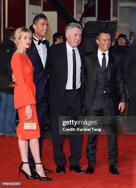 Cristiano Ronaldo, Carlo Ancelotti and Jorge Mendes attend the World Premiere of "Ronaldo" at Vue West End on November 9, 2015 in London, England.