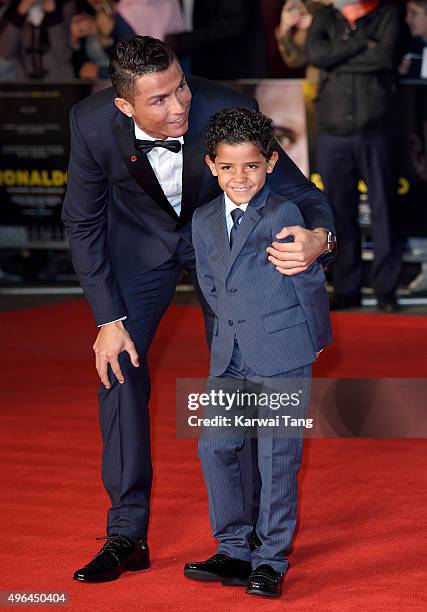 Cristiano Ronaldo and son Cristiano Ronaldo Jnr attend the World Premiere of "Ronaldo" at Vue West End on November 9, 2015 in London, England.