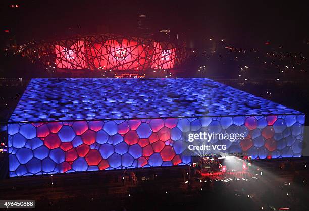 Beijing National Aquatics Center lights up and makes the pattern of "Shuang 11" which means "double 11" ahead of the "11.11 Shopping Festival" on...