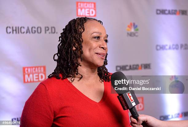 Actress S. Epatha Merkerson is interviewed at a press junket for NBC's 'Chicago Fire', 'Chicago P.D.' and 'Chicago Med' at Cinespace Chicago Film...