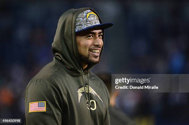 Injured Manti Te'o of the San Diego Chargers stands on the field before a game against the Chicago Bears at Qualcomm Stadium on November 9, 2015 in...