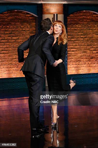 Episode 285 -- Pictured: Host Seth Meyers greets comedian Kathy Griffin on November 9, 2015 --