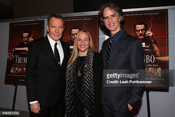 Actor Bryan Cranston, producer Monica Levinson, and director Jay Roach attend the "Trumbo" Washington DC premiere at The Newseum on November 9, 2015...