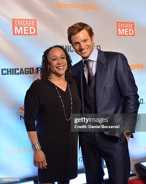 Actors S. Epatha Merkerson and Nick Gehlfuss attend a premiere party for NBC's 'Chicago Fire', 'Chicago P.D.' and 'Chicago Med' at STK Chicago on...