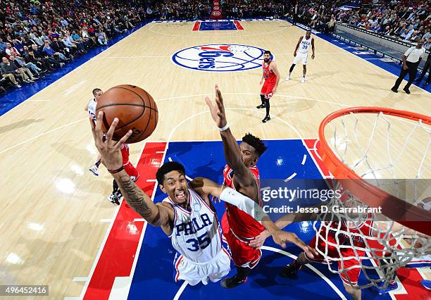 Christian Wood of the Philadelphia 76ers goes up for the layup against the Chicago Bulls at Wells Fargo Center on November 9, 2015 in Philadelphia,...