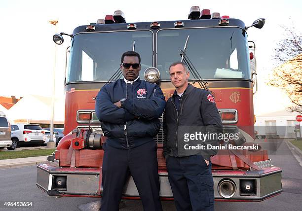 Actors Eamonn Walker and David Eigenberg attend the on set demonstration of "Chicago Fire" during the press junket for NBC's 'Chicago Fire', 'Chicago...