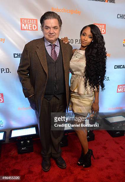 Actors Oliver Platt and Yaya DaCosta attend a premiere party for NBC's 'Chicago Fire', 'Chicago P.D.' and 'Chicago Med' at STK Chicago on November 9,...