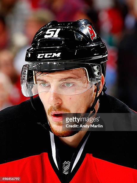 Jiri Tlusty of the New Jersey Devils looks on against the Chicago Blackhawks during the game at the Prudential Center on November 6, 2015 in Newark,...