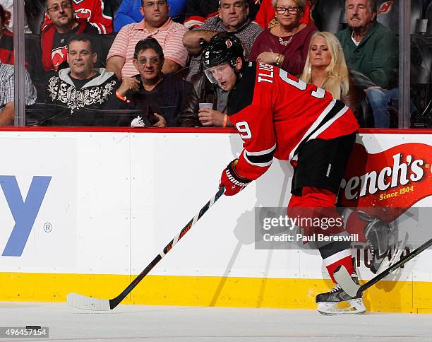 Jiri Tlusty of the New Jersey Devils skates in an NHL hockey game against the Chicago Blackhawks at Prudential Center on November 6, 2015 in Newark,...