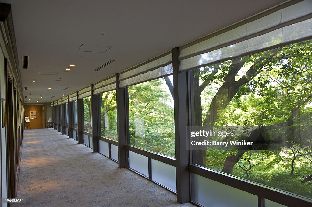 Corridor with Japanese-style windows showing park