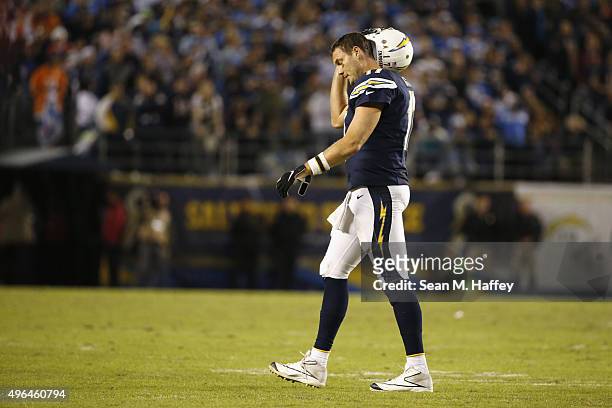 Philip Rivers of the San Diego Chargers walks off the field while playing the Chicago Bears at Qualcomm Stadium on November 9, 2015 in San Diego,...