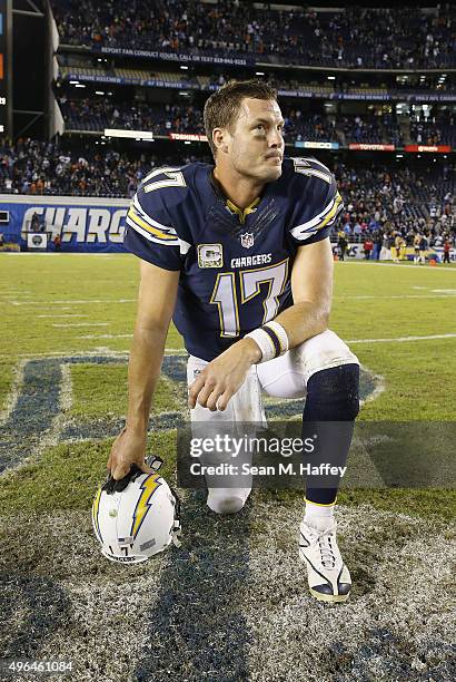 Philip Rivers of the San Diego Chargers reacts after the Chicago Bears defeated the Chargers 22-19 at Qualcomm Stadium on November 9, 2015 in San...