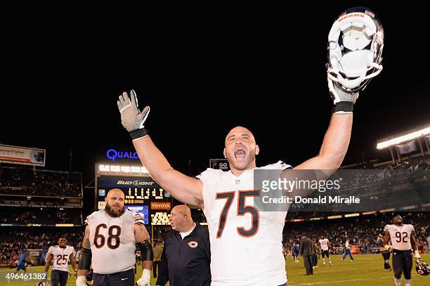 Kyle Long of the Chicago Bears celebrates after the Bears defeated the San Diego Chargers 22-19 at Qualcomm Stadium on November 9, 2015 in San Diego,...