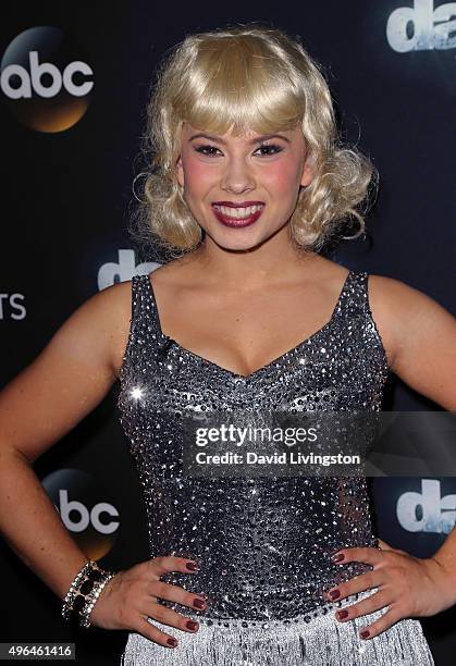 Actress/ wildlife conservationist Bindi Irwin attends "Dancing with the Stars" Season 21 at CBS Television City on November 9, 2015 in Los Angeles,...