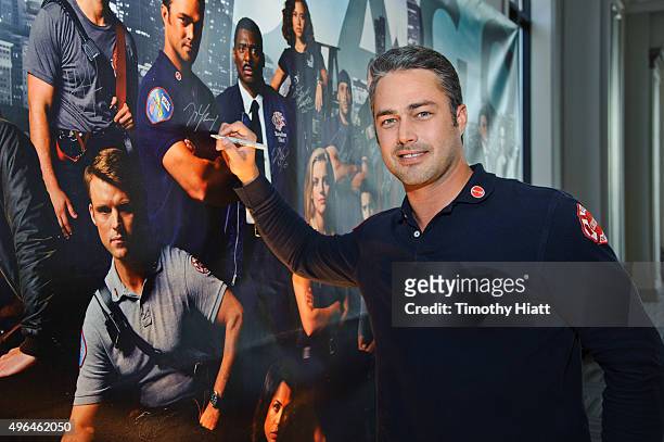 Actor Taylor Kinney attends a press junket for NBC's 'Chicago Fire', 'Chicago P.D.' and 'Chicago Med' at Cinespace Chicago Film Studios on November...