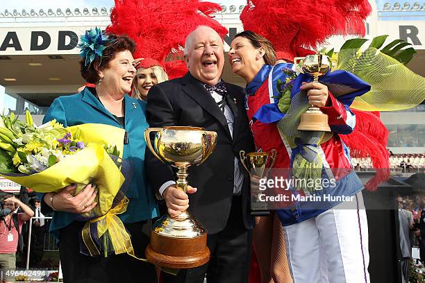 Meg and Mev Butterworth celebrate with driver Kerryn Manning after winning the NZ Trotting Cup during the New Zealand Trotting Cup at Addington...