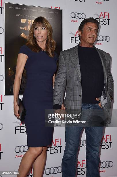 Actor Sylvester Stallone and Jennifer Flavin attend the Centerpiece Gala Premiere of Alcon Entertainment's "The 33" during AFI FEST 2015 presented by...