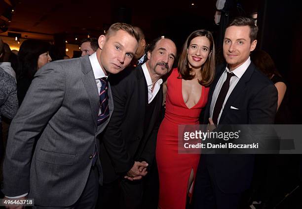 Actors Brian Geraghty, Elias Koteas, Marina Squerciati and Jesse Lee Soffer attend a premiere party for NBC's 'Chicago Fire', 'Chicago P.D.' and...