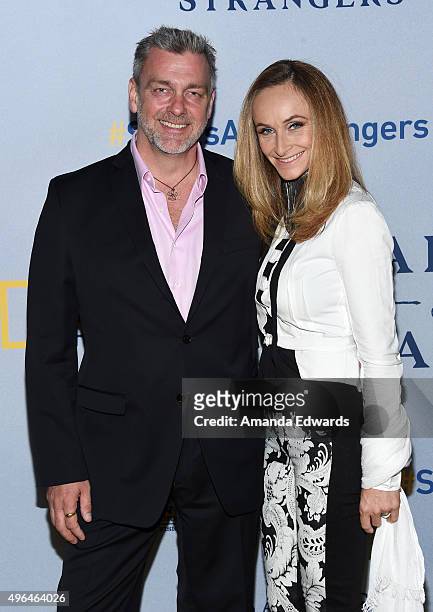 Actor Ray Stevenson and Elisabetta Caraccia arrive at the premiere of National Geographic Channel's "Saints And Strangers" at the Saban Theatre on...
