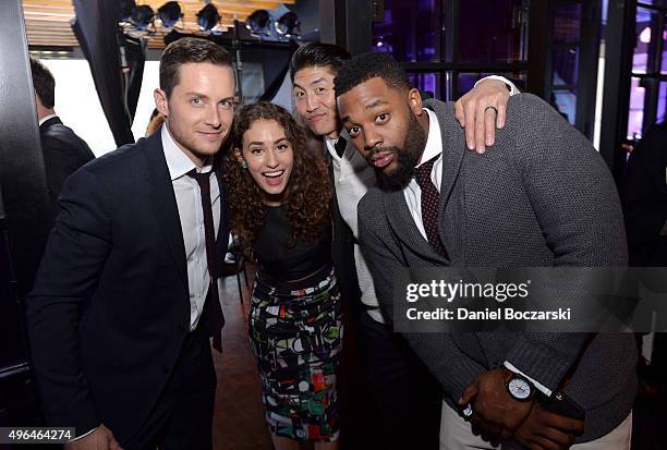 Actors Jesse Lee Soffer, Rachel DiPillo, Brian Tee and Laroyce Hawkins attend a premiere party for NBC's 'Chicago Fire', 'Chicago P.D.' and 'Chicago...