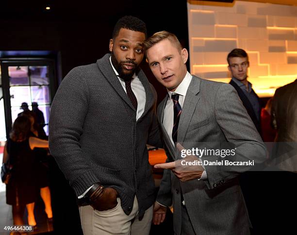 Actors Laroyce Hawkins and Brian Geraghty attend a premiere party for NBC's 'Chicago Fire', 'Chicago P.D.' and 'Chicago Med' at STK Chicago on...