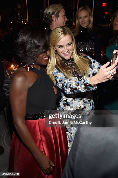 Actors Viola Davis and Reese Witherspoon attend the 2015 Glamour Women of The Year Awards dinner hosted by Cindi Leive at The Rainbow Room on...