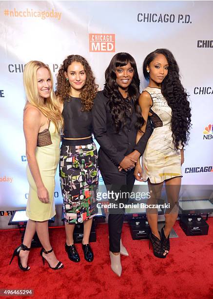 Actresses Rachel DiPillo, Julie Marie Berman, Marlyne Barrett and Yaya DaCosta attend a premiere party for NBC's 'Chicago Fire', 'Chicago P.D.' and...