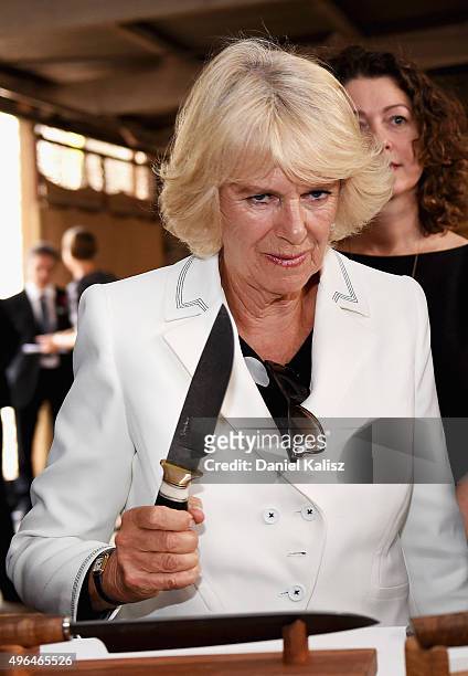 Camilla, Duchess of Cornwall holds a knife as she visit's Seppeltsfield Winery on November 10, 2015 in Barossa Valley, Australia. The Royal couple...