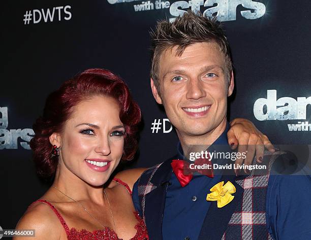 Singer Nick Carter and dancer/TV personality Sharna Burgess attend 'Dancing with the Stars' Season 21 at CBS Television City on November 9, 2015 in...