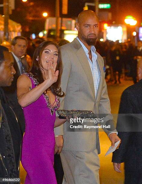HopeSolo and Jerramy Stevens are seen outside Carnegie Hall in Midtown on on November 9, 2015 in New York City.