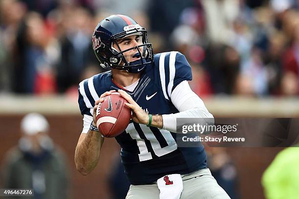 Chad Kelly of the Mississippi Rebels drops back to pass during a game against the Arkansas Razorbacks at Vaught-Hemingway Stadium on November 7, 2015...