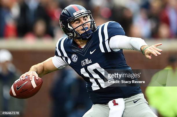 Chad Kelly of the Mississippi Rebels drops back to pass during a game against the Arkansas Razorbacks at Vaught-Hemingway Stadium on November 7, 2015...