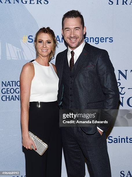 Actor Barry Sloane and Katy O'Grady arrive at the premiere of National Geographic Channel's "Saints And Strangers" at the Saban Theatre on November...