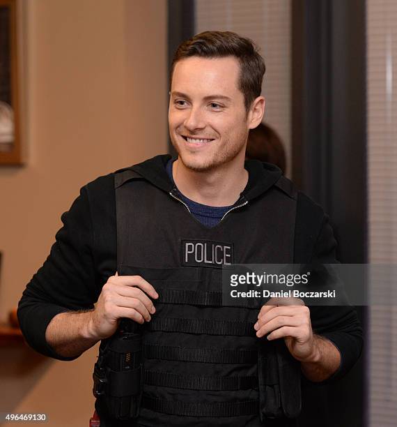 Actor Jesse Lee Soffer performs an on set demonstration of "Chicago P.D." during the press junket for NBC's 'Chicago Fire', 'Chicago P.D.' and...