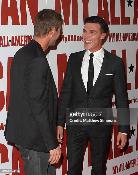 Actors Aaron Eckhart and Finn Wittrock attend the premiere of Clarius Entertainment's "My All American" at The Grove on November 9, 2015 in Los...