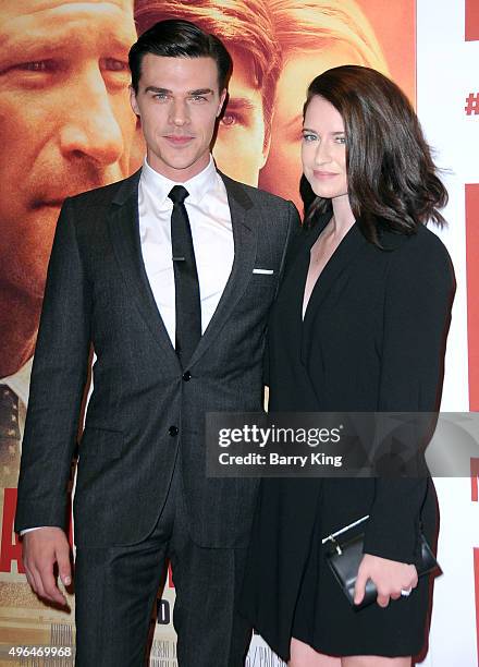 Actor Finn Wittrock and wife actress Sarah Roberts attend the Premiere Of Clarius Entertainment's 'My All American' at The Grove on November 9, 2015...