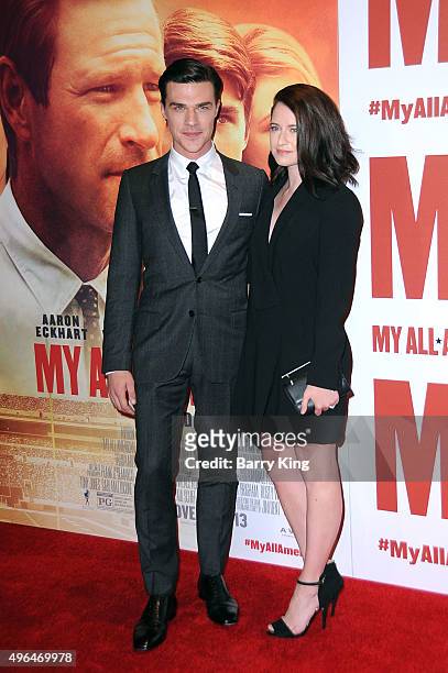 Actor Finn Wittrock and wife actress Sarah Roberts attend the Premiere Of Clarius Entertainment's 'My All American' at The Grove on November 9, 2015...