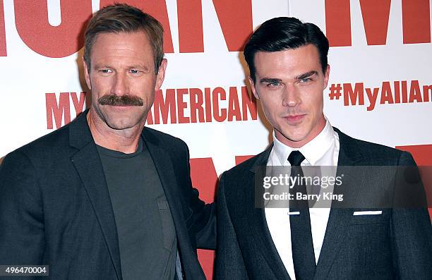 Actors Aaron Eckhart and Finn Wittrock attend the Premiere Of Clarius Entertainment's 'My All American' at The Grove on November 9, 2015 in Los...