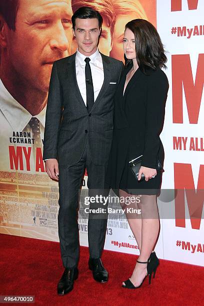 Actor Finn Wittrock and wife actress Sarah Roberts attend the Premiere Of Clarius Entertainment's 'My All American' at The Grove on November 9, 2015...