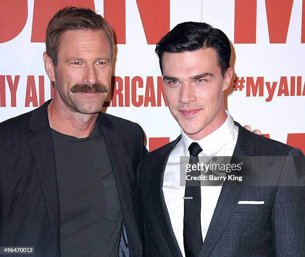Actors Aaron Eckhart and Finn Wittrock attend the Premiere Of Clarius Entertainment's 'My All American' at The Grove on November 9, 2015 in Los...