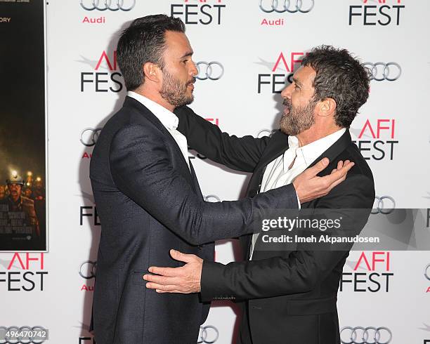 Actors Juan Pablo Raba and Antonio Banderas attend the Centerpiece Gala premiere of Alcon Entertainment's 'The 33' at TCL Chinese Theatre on November...