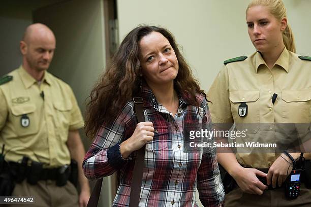 Beate Zschaepe, main defendant in the NSU neo-Nazi murder case, arrives in court on the 244th day of the trial at the Oberlandgericht Muenchen...
