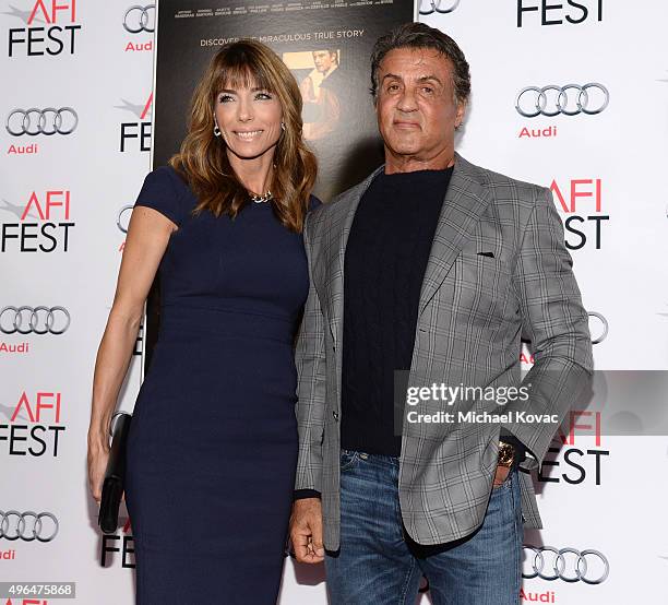 Actor Sylvester Stallone and Jennifer Flavin attend the Centerpiece Gala Premiere of Alcon Entertainment's 'The 33' during AFI FEST 2015 presented by...