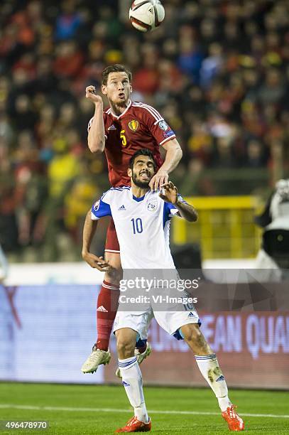 Jan Vertonghen of Belgium , Nestor Mytidis of Cyprus during the UEFA EURO 2016 qualifying match between Belgium and Cyprus on March 28, 2015 at the...