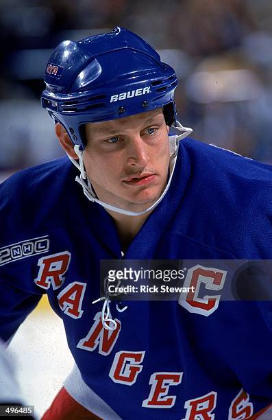 Close up of Adam Graves of the New York Rangers as he looks on the ice during a game against the Buffalo Sabres at the Marine Midland Arena in...