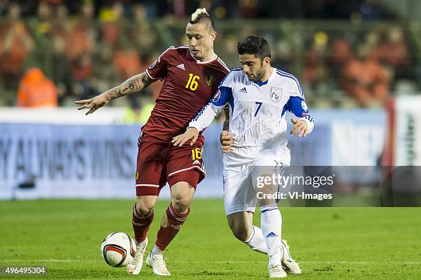 Radha Nainggolan of Belgium, Valentinos Sielis of Cyprus during the UEFA EURO 2016 qualifying match between Belgium and Cyprus on March 28, 2015 at...