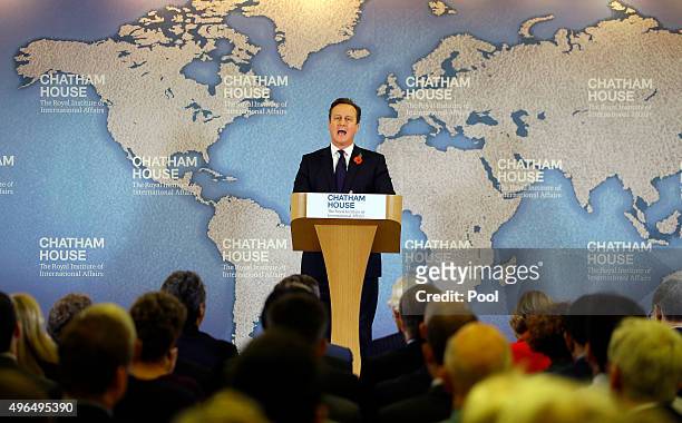 Britain's Prime Minister David Cameron delivers a speech on EU reform and the UKs renegotiation at Chatham House on November 10, 2015 in London,...